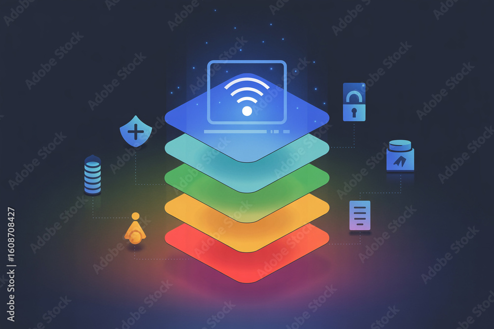 Poster layered digital security concept with wi fi signal and padlock icons on dark background