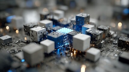 Futuristic cityscape of square blocks lit with blue, on a circuit board, with depth of field focus