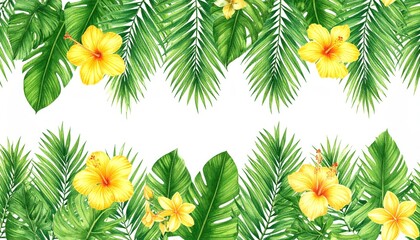 Fototapeta premium Tropical vintage botanical green plants, palm leaves seamless border, Jungle wallpaper