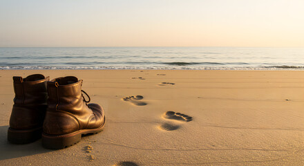 Leather boots sit on a sandy beach with footprints leading towards the ocean under a bright, clear sky.