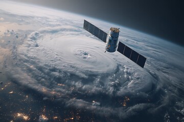 **Concept Art Of Earth-Mapping Satellite Hovering Over A Storm System, Scanning Topography And Tectonic Zones, Dynamic Weather Below, Shining Solar Arrays Above --Ar 3:2 --V 7.0** - @Darya (Relaxed)