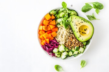 Vegan Buddha bowl with quinoa, avocado, colorful vegetables, white background, flat lay composition for fresh, healthy appeal.