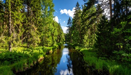 Serene river flows through lush green forest, reflecting the sky