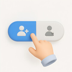 A 3D render of a cartoon hand pressing a blue follow button. A concept of user interaction for adding friends and subscribing to a social media network.