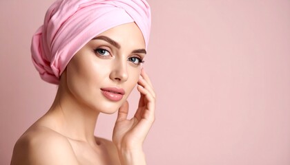 Woman with pink turban, flawless skin, soft lighting, gentle touch to face