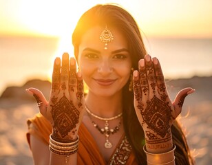 Woman with henna hands smiles at sunset