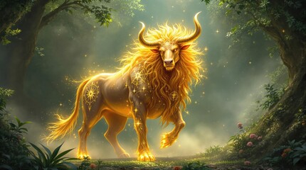 Golden bull creature with celestial markings stands in a sunlit enchanted forest