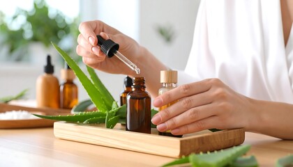 Woman's hands add drops of essential oil from a glass dropper bottle into another small bottle on a wooden tray with aloe vera