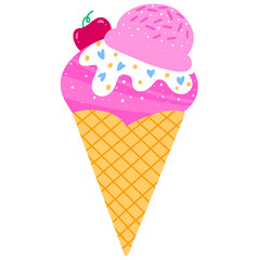 Cute Pink Ice Cream Cone with Cherry and Sprinkles – Kawaii Dessert Illustration