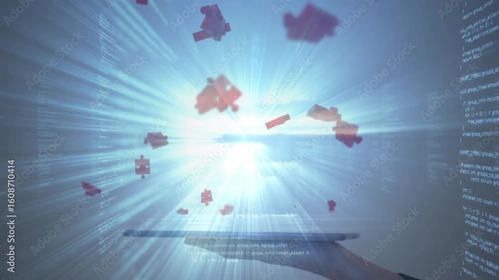 Poster user's hand tapping tablet boosting code glow, causing red puzzle pieces clustering for assembly