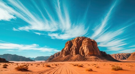 Naklejka premium A scenic view of a desert landscape with a prominent rock formation under a bright blue sky with wispy clouds.