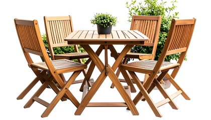 Wooden patio set with four chairs and a square table, isolated on white