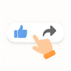 Obraz premium A dynamic 3D illustration of a hand pressing a button, showcasing user interaction with social media like and share icons on a modern interface.