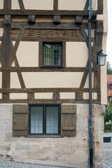 Traditional window in Bavarian timber-frame house facade detail