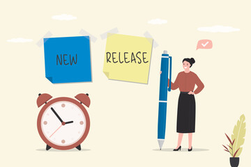 Smart business woman uses pen and writes an advertisement on paper notes. New release - text words inscription on stickers. Marketing, promotion campaign. Coming soon
