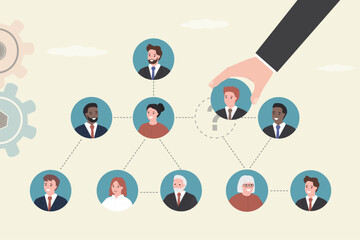 Team building, concept. Boss add new staff employees in hierarchy of company. Distribution of positions and responsibilities. Career ladder, teamwork