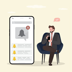 Reminder, push notifications on mobile phone screen, concept. Happy male character uses smartphone. Online notification. Businessman receive new incoming message.