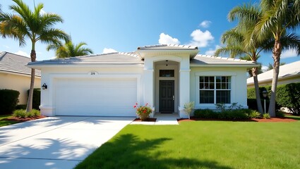 Fototapeta premium Modern Suburban House with White Facade and Palm Trees under Blue Sky