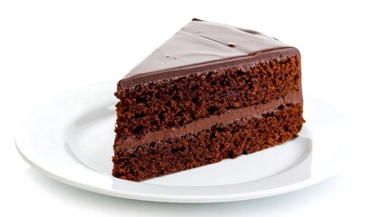 Chocolate cake slice on a white plate
