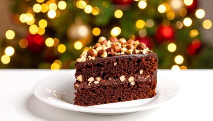 Chocolate cake slice on plate, Christmas lights background