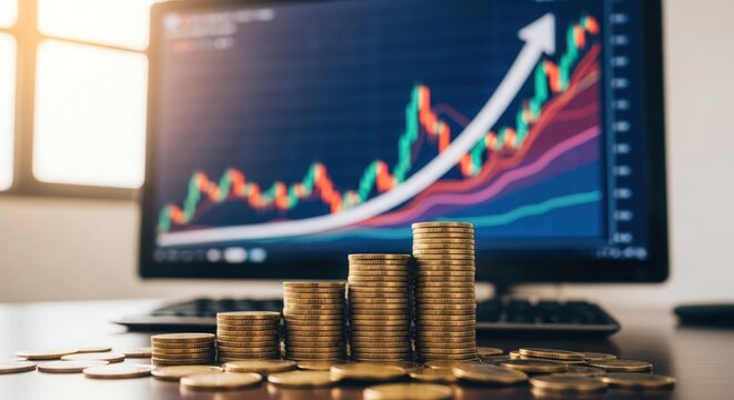Rising financial success visualized with stacked coins and an upward trending graph displayed on a computer monitor.