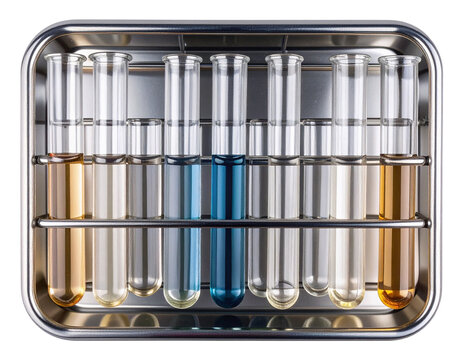 Top-Down Flatlay of Test Tubes with Distorted Liquid Lines and Chrome Rack