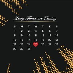 Christmas Day Calendar Vector | Black & Gold Minimalist Design with “Merry Christmas Are Coming” Text & Red Heart Highlight on 25.