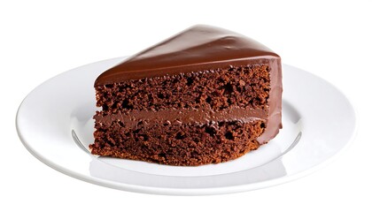 Chocolate cake slice on white plate
