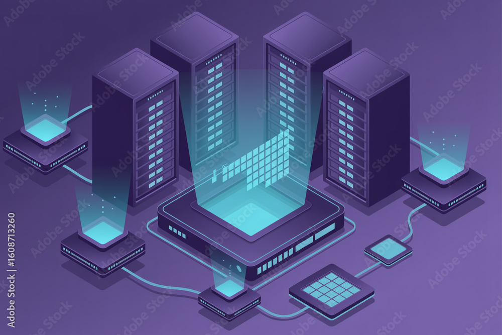Aufkleber modern isometric data center with glowing servers and network connections in a digital network