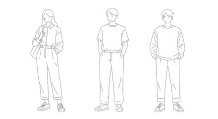 Three People Standing in a Row Line Art Silhouette