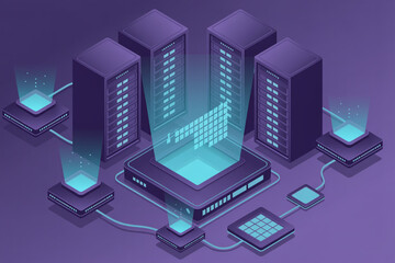 Modern isometric data center with glowing servers and network connections in a digital network