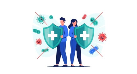 Two individuals protect themselves with shields against attacking viruses and bacteria.