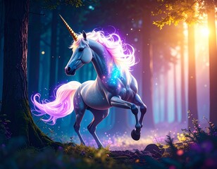 魔法の森を雄大に飛ぶユニコーン