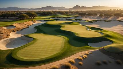Aerial shot of a greenskeeper putting the flagstick in on a desert green surrounded by bunkers and dramatic early morning shadows