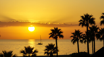 A breathtaking golden hour over the sea, accentuated by the strong dark forms of tropical palm fronds.


