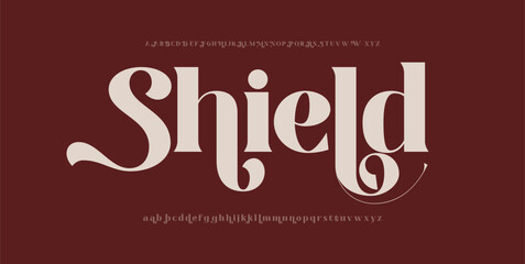 Shield Classy elegant font, vintage type or luxury premium typeface, vector English royal alphabet. Classic typography in modern or old art deco style, serif letters for modern or retro poster font