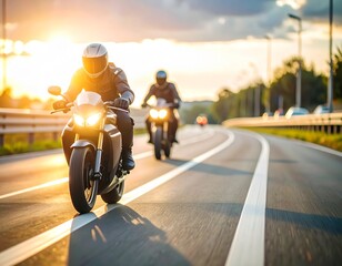 夕陽を浴びて走るオートバイ