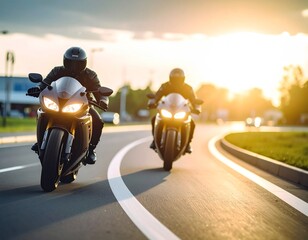 夕陽を浴びて走るオートバイ