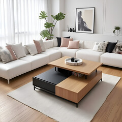 Black and white Scandinavian design wooden coffee table with hidden storage, square shape, top view in living room setting.