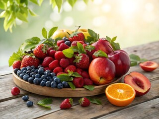 Abundant summer fruit bowl overflowing with fresh berries and peaches