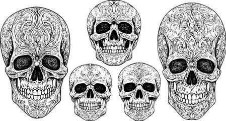 Intricate skull illustrations for Day of the Dead celebrations and Halloween themed designs and creative projects