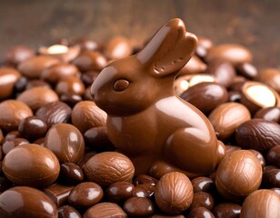Chocolate Easter bunny surrounded by assorted chocolates and nuts