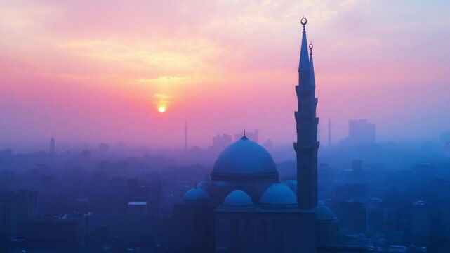 Mosque towers above misty cityscape sunrise