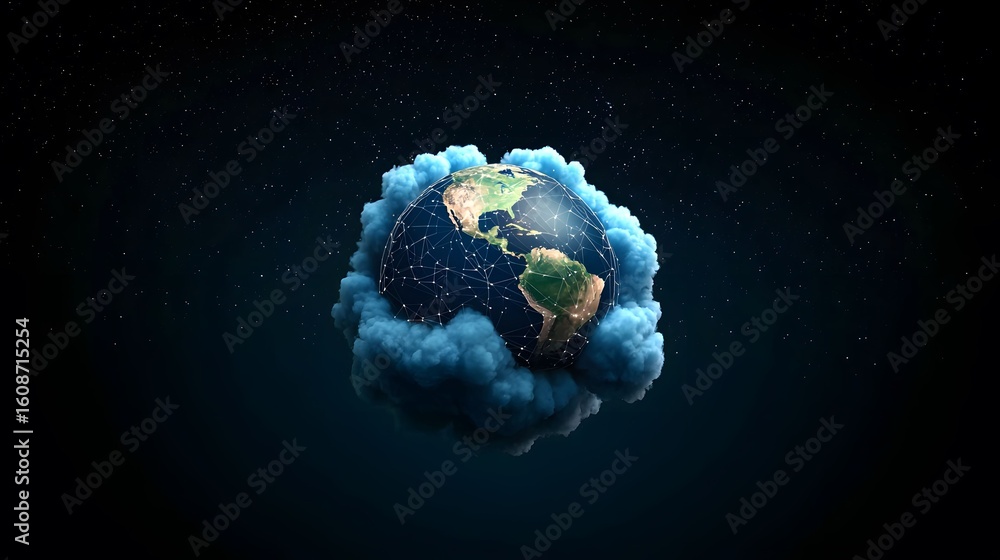 Poster in a dark space, a glowing earth is surrounded by fluffy blue clouds, with a network of connections 
