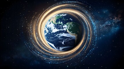 The image shows Earth in space surrounded by luminous streams, creating a visual representation of interconnectedness and cosmic energy against a starry backdrop.