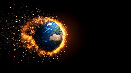 The image showcases a vibrant, detailed globe against a dark background, enveloped by a glowing, fiery aura composed of orange and yellow particles, suggesting energy.