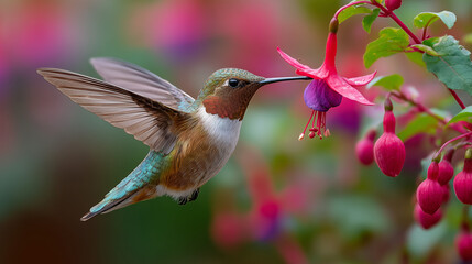 Fototapeta premium Hummingbird Feeding from Bright Pink Flower in Midair Flight