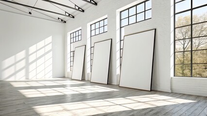 Daylit gallery room with three tall blank posters leaning on a white wall, intersected by window shadows across the floor.