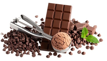 Chocolate ice cream scoop with chocolate chips and a bar