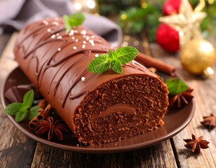Chocolate log cake on a plate
